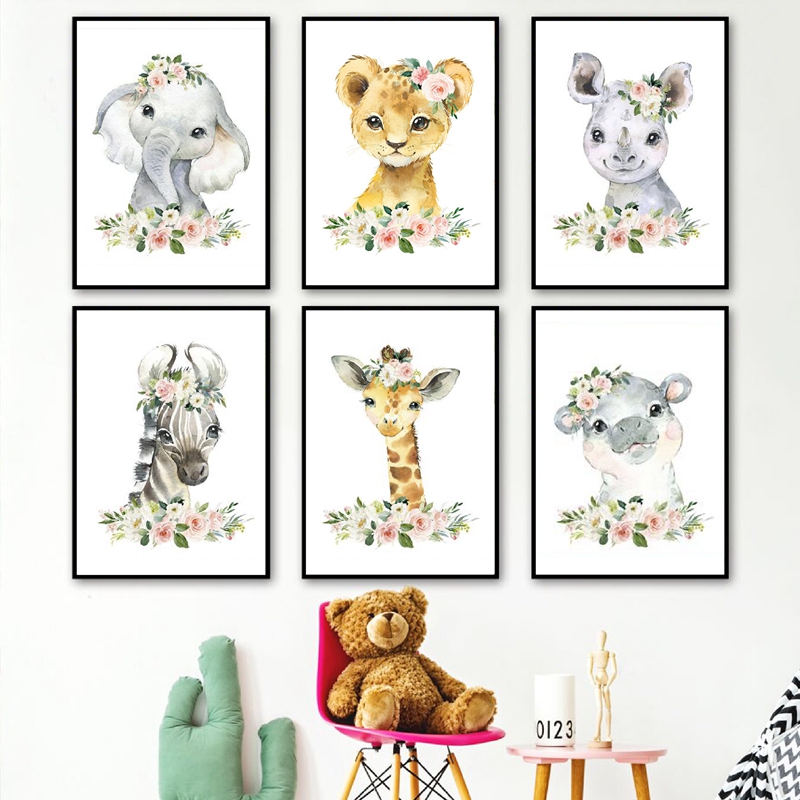 Baby Nursery Animal Prints - ภาพพิมพ์บนผ้าใบลายดอกไม้และสัตว์ป่า ตกแต่งห้องเด็ก ลายช้าง ยีราฟ ภาพวาดติดผนัง โปสเตอร์สไตล์นอร์ดิก