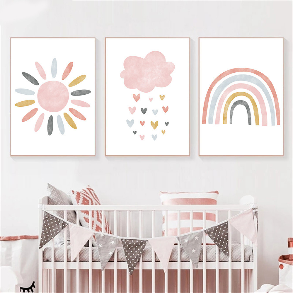 Baby Nursery Picture Frames - ภาพพิมพ์บนผ้าใบสำหรับเด็ก ลายการ์ตูนสีชมพู เมฆ พระอาทิตย์ สายรุ้ง ภาพตกแต่งผนัง