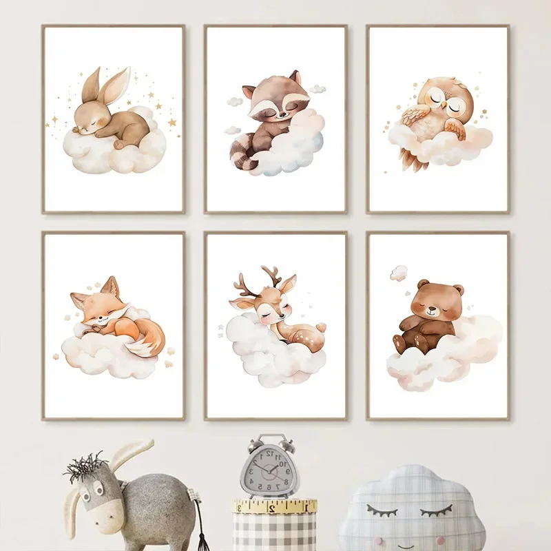 Baby Nursery Picture Frames - ภาพวาดสัตว์บนผ้าใบลายการ์ตูน รูปเมฆ น่ารัก แรคคูน สุนัขจิ้งจอก กวาง