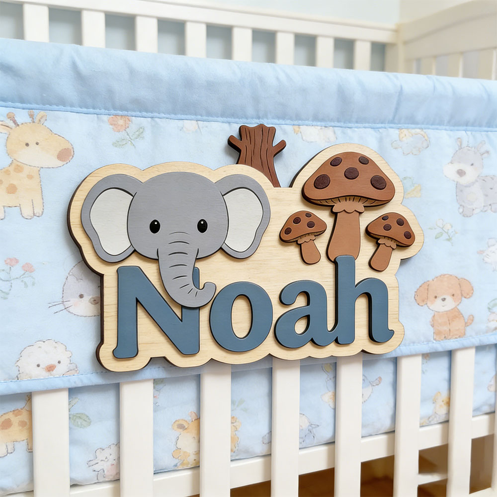 Baby Nursery Forest Theme - ป้ายชื่อไม้รูปช้างและเห็ดแบบปรับแต่งได้ ป้ายประตูไม้ส่วนตัวสำหรับเด็กชายและเด็กหญิง ตกแต่งห้องเด็กธีมป่า