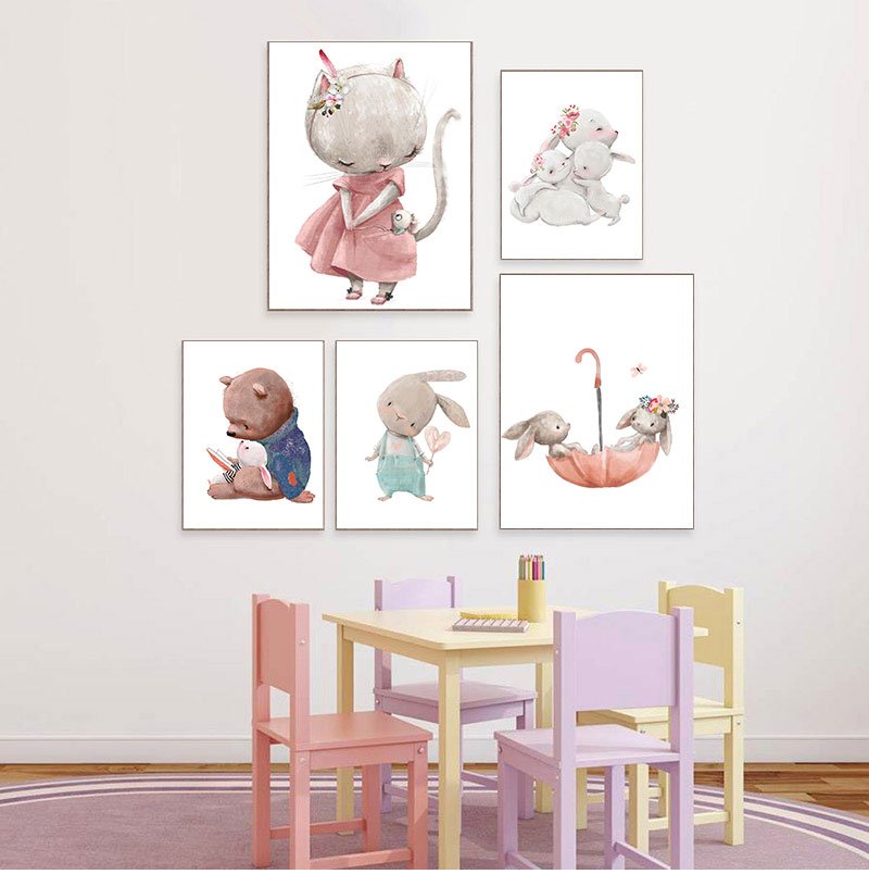 Baby Nursery Animal Prints - ภาพพิมพ์ศิลปะตกแต่งแบบไม่มีกรอบ 1 ชิ้น, ภาพพิมพ์บนผ้าใบลายหมีกระต่าย, โปสเตอร์กระต่ายน้อย, ภาพวาดสำหรับตกแต่งห้องเด็ก,
