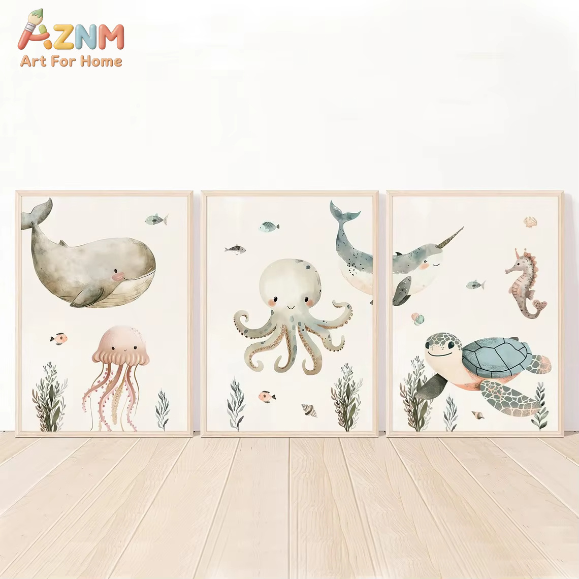Baby Nursery Animal Prints - AZNM สีน้ำน่ารักสัตว์ทะเลศิลปะบนผืนผ้าใบติดผนังวาฬปลาหมึกเต่าม้าน้ำพิมพ์ภาพวาดบนผืนผ้าใบไม่มีกรอบสำหรับห้องเด็กอ่อน