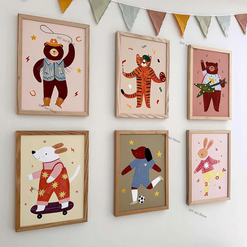 Baby Nursery Animal Prints - ภาพวาดการ์ตูนสัตว์น่ารักสำหรับตกแต่งผนังห้องเด็ก ภาพพิมพ์บนผ้าแคนวาส หมี เสือ กระต่าย หนู