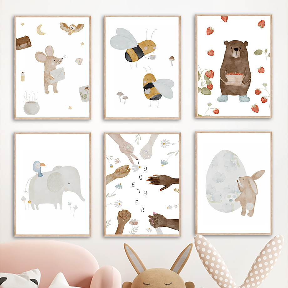 Baby Nursery Animal Prints - โปสเตอร์และภาพพิมพ์ลายสัตว์โบโฮ ช้าง กระต่าย หมี กวาง ผึ้ง