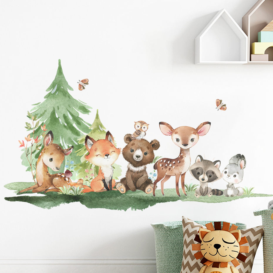 Baby Nursery Forest Theme - สัตว์ป่าธีมหมีกวางกระต่ายเด็กสติ๊กเกอร์ติดผนังสําหรับห้องเด็กตกแต่งห้องเด็กวอลล์เปเปอร์ Wall Decals เนอสเซอรี่
