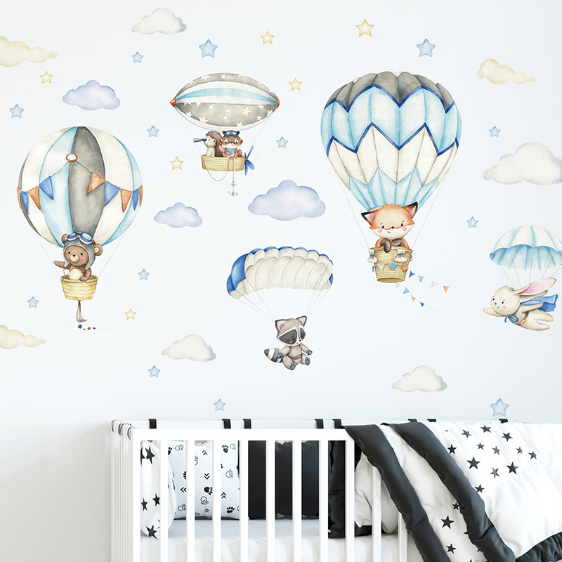 Baby Nursery Animal Prints - การ์ตูนสัตว์น่ารัก Hot Air บอลลูนสติ๊กเกอร์ติดผนังสําหรับห้องเด็ก Baby Nursery