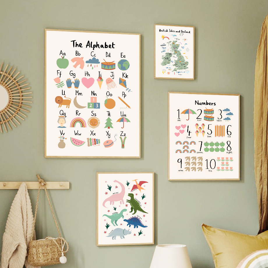 Baby Nursery Animal Prints - แผนที่โลกสัตว์ ไดโนเสาร์ ตัวอักษร ตัวเลข ภาพพิมพ์บนผ้าใบสำหรับตกแต่งผนัง โปสเตอร์ภาพวาดสำหรับเด็กทารก