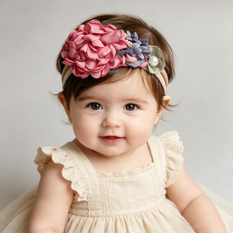 Baby Wrap Stretchy - ที่คาดผมไนลอนสำหรับเด็กทารกหญิง ลายดอกไม้ประดับมุก นุ่มสบาย อุปกรณ์ตกแต่งผมดอกไม้ ยืดหยุ่นได้ เหมาะสำหรับถ่ายรูปเด็กทารก
