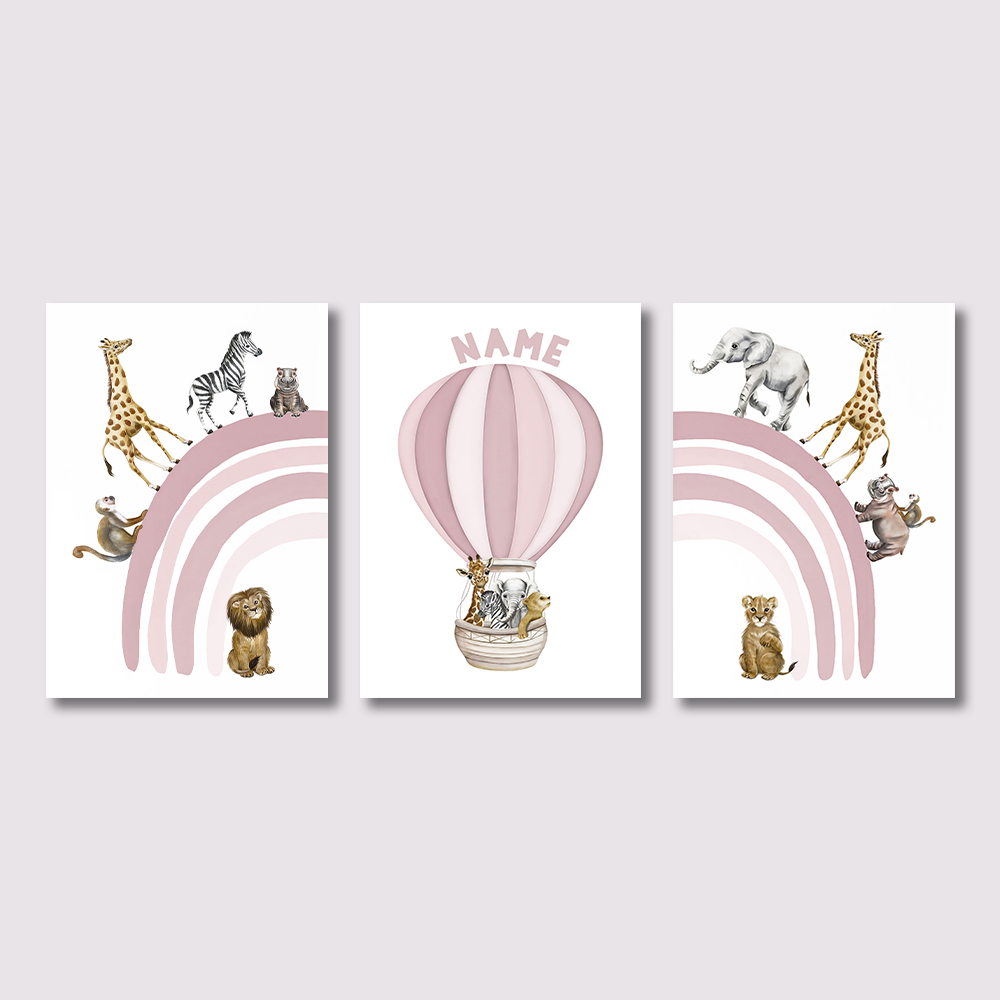 Baby Nursery Animal Prints - ภาพพิมพ์ผ้าแคนวาสลายสัตว์ซาฟารี 3 ชิ้น, ภาพบอลลูนลมร้อนสีชมพูรุ้ง สำหรับตกแต่งผนังห้องนอนเด็กผู้หญิง