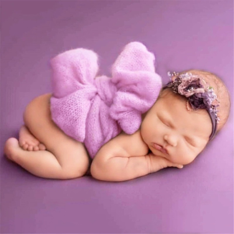 Baby Wrap Stretchy - เข็มขัดรัดตัวรูปโบว์ผีเสื้อ 2 ชิ้น อุปกรณ์ประกอบฉากถ่ายภาพทารกแรกเกิดพร้อมผ้าถักยืดได้ ตั้งท่าถ่ายภาพง่ายสำหรับเด็กทารก