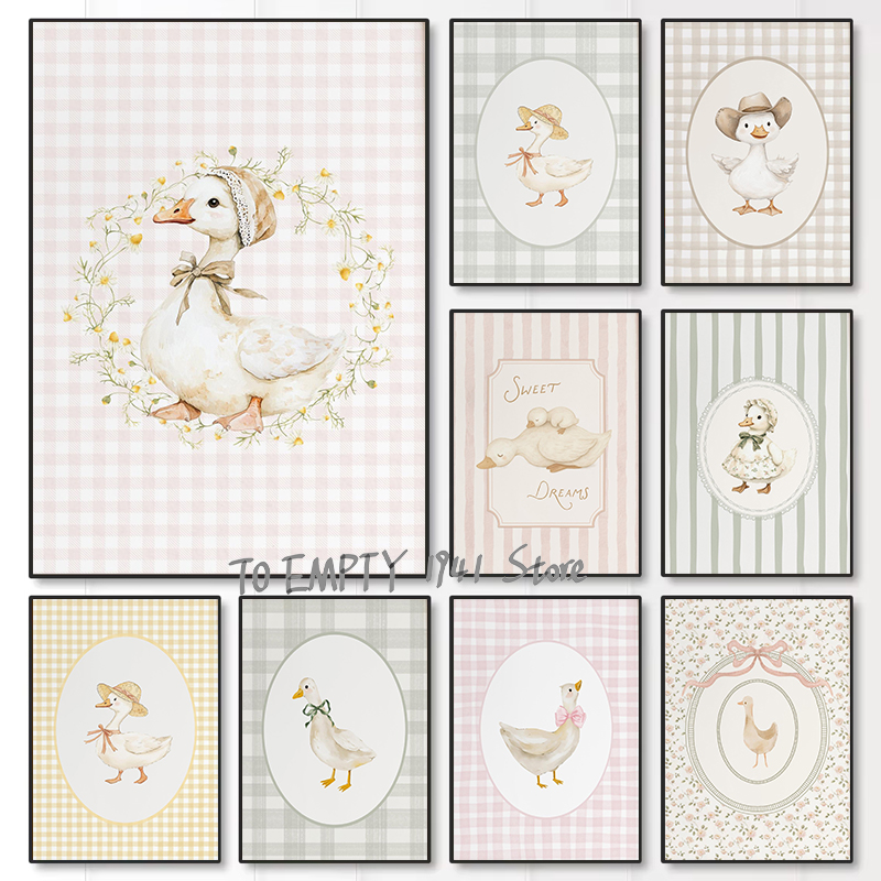 Baby Nursery Animal Prints - โปสเตอร์ภาพวาดบนผ้าแคนวาสลายห่านน้อยแสนซน ลูกเป็ด ลูกห่าน ของตกแต่งบ้าน ห้องเด็ก