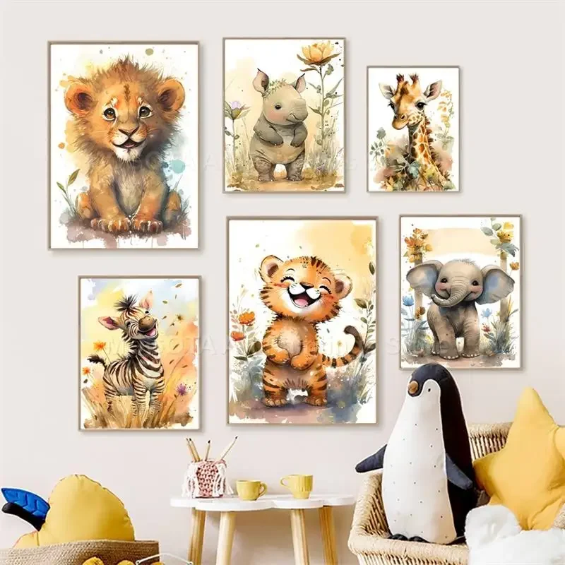 Baby Nursery Animal Prints - สีน้ำสิงโตยีราฟเสือช้างม้าลายเนอสเซอรี่ศิลปะบนกำแพงภาพวาดผ้าใบสัตว์โปสเตอร์พิมพ์ภาพเด็กทารกเด็กตกแต่งห้อง