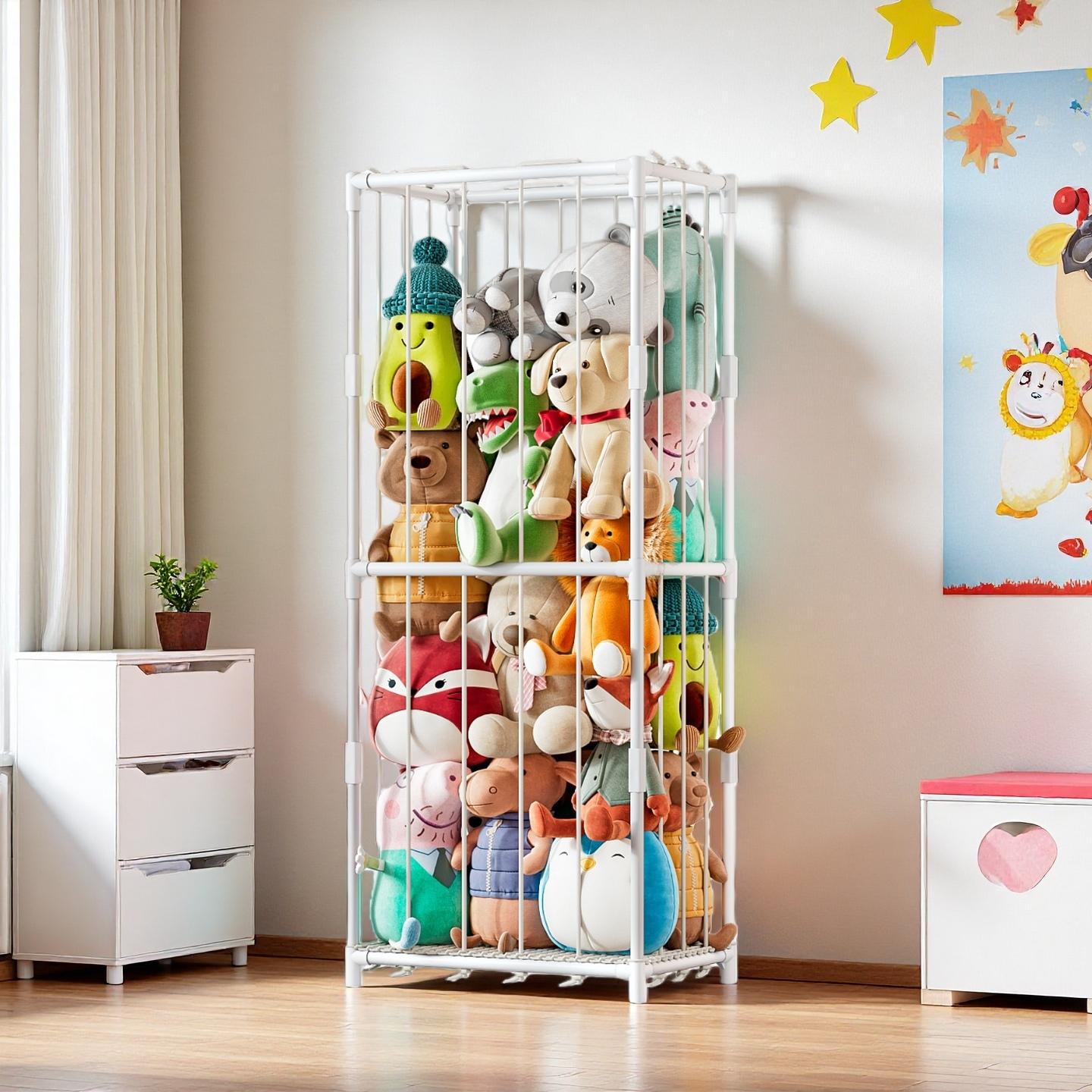 Baby Nursery - ที่เก็บของแนวตั้งสำหรับตุ๊กตาสัตว์ ชั้นวางของเล่นตุ๊กตาธีมสวนสัตว์ โครงเหล็กประหยัดพื้นที่พร้อมตาข่ายยืดหยุ่น ชั้นวางมุมแบบตั้งอิสระสำหรับจัดเก็บของในห้องเด็กเล่น ห้องนอนเด็ก ห้องเด็กอ่อน