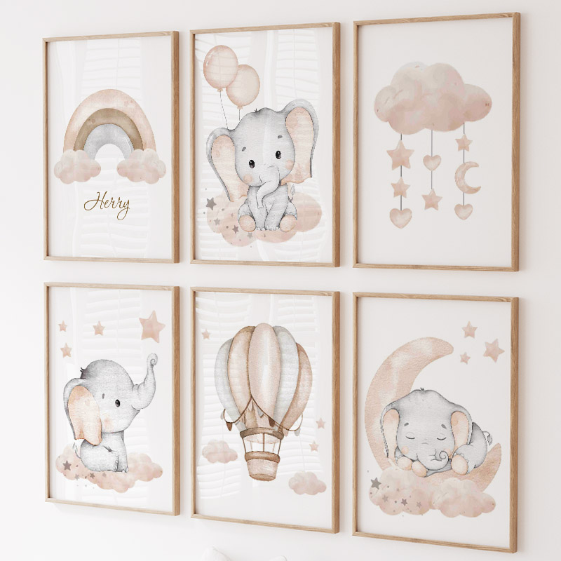 Baby Nursery Animal Prints - ช้างน่ารักร้อนบอลลูน Moon Rainbow Cloud Nursery Wall