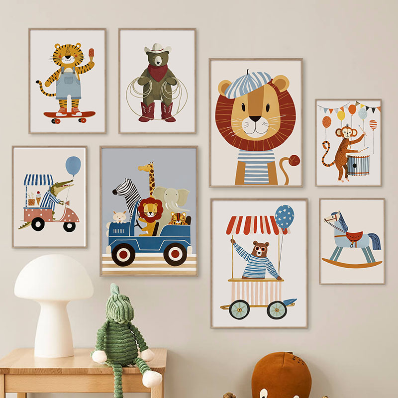 Baby Nursery Animal Prints - ภาพวาดการ์ตูนสัตว์ตลกๆ สำหรับตกแต่งผนังห้องเด็ก ภาพพิมพ์บนผ้าใบ ลายสิงโต หมี เสือ