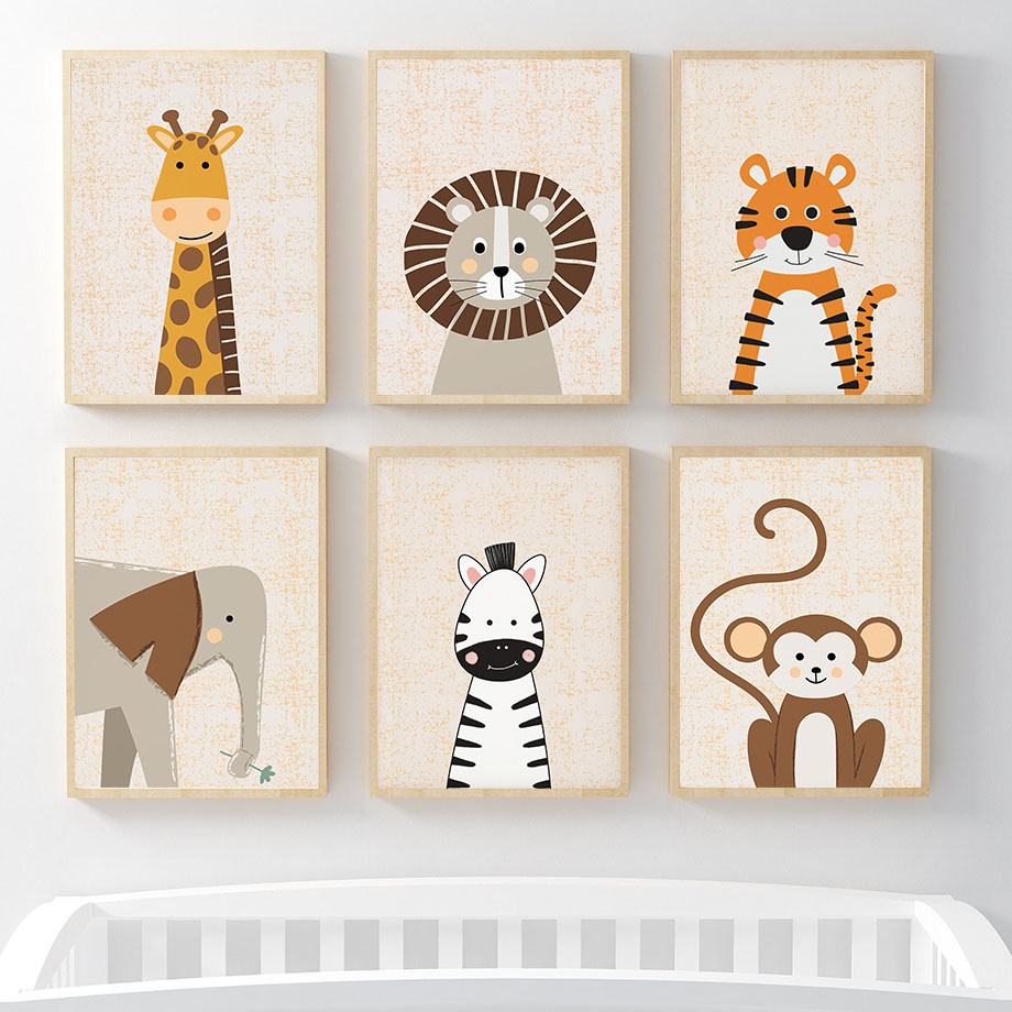 Baby Nursery Animal Prints - ภาพวาดบนผ้าใบลายสิงโต ยีราฟ ช้าง ม้าลาย ลิง สำหรับตกแต่งผนังห้องเด็ก