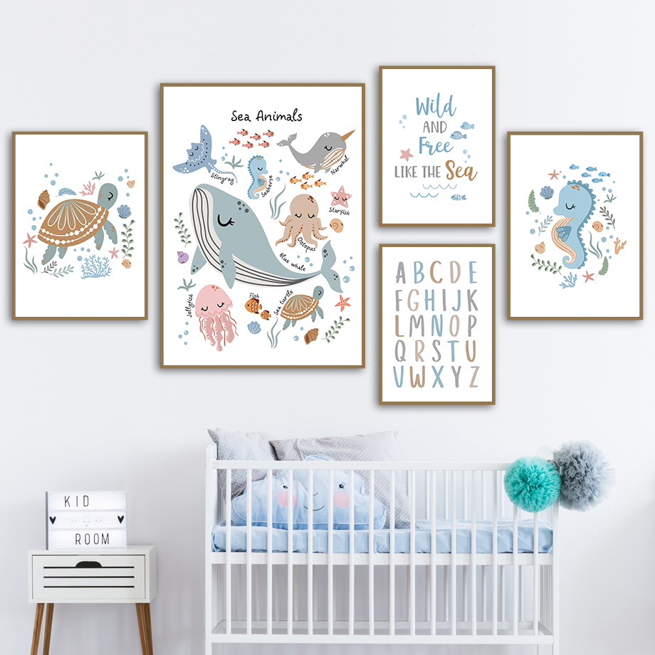 Baby Nursery Picture Frames - ภาพพิมพ์บนผ้าใบสำหรับตกแต่งผนังห้องเด็ก ลายสัตว์ทะเล เต่าทะเล ปลาวาฬ ตัวเลข ตัวอักษร