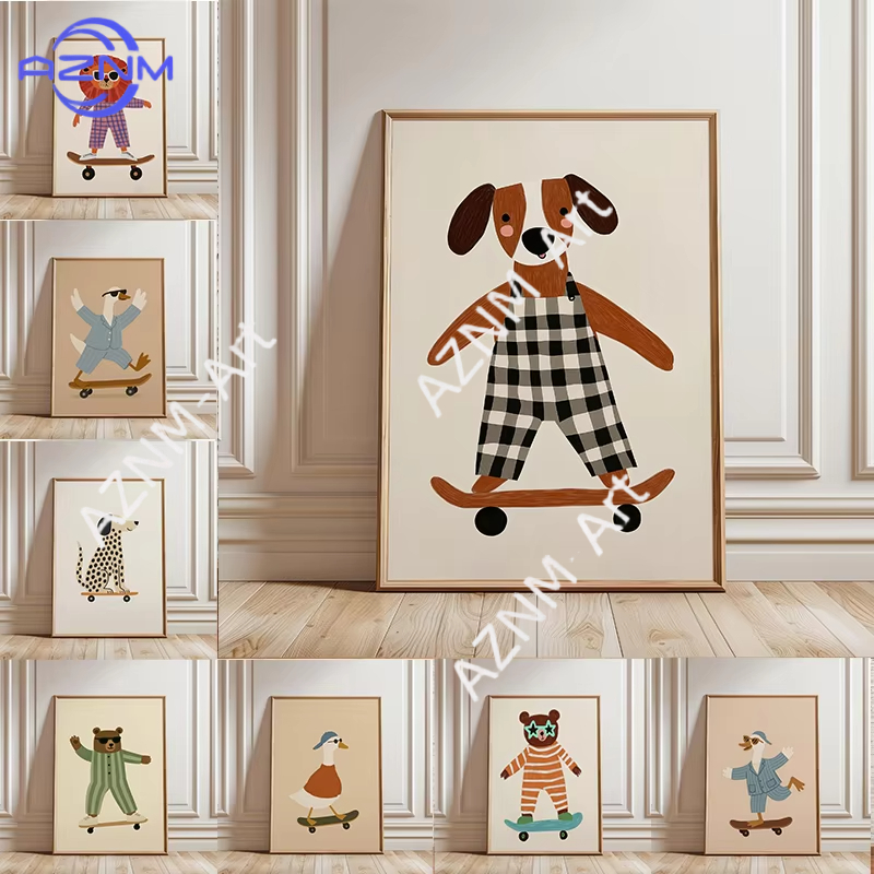 Baby Nursery Animal Prints - โปสเตอร์สัตว์ตลกเล่นสเก็ตบอร์ด 1 ชิ้น ภาพพิมพ์บนผ้าใบลายห่าน เป็ด สุนัข