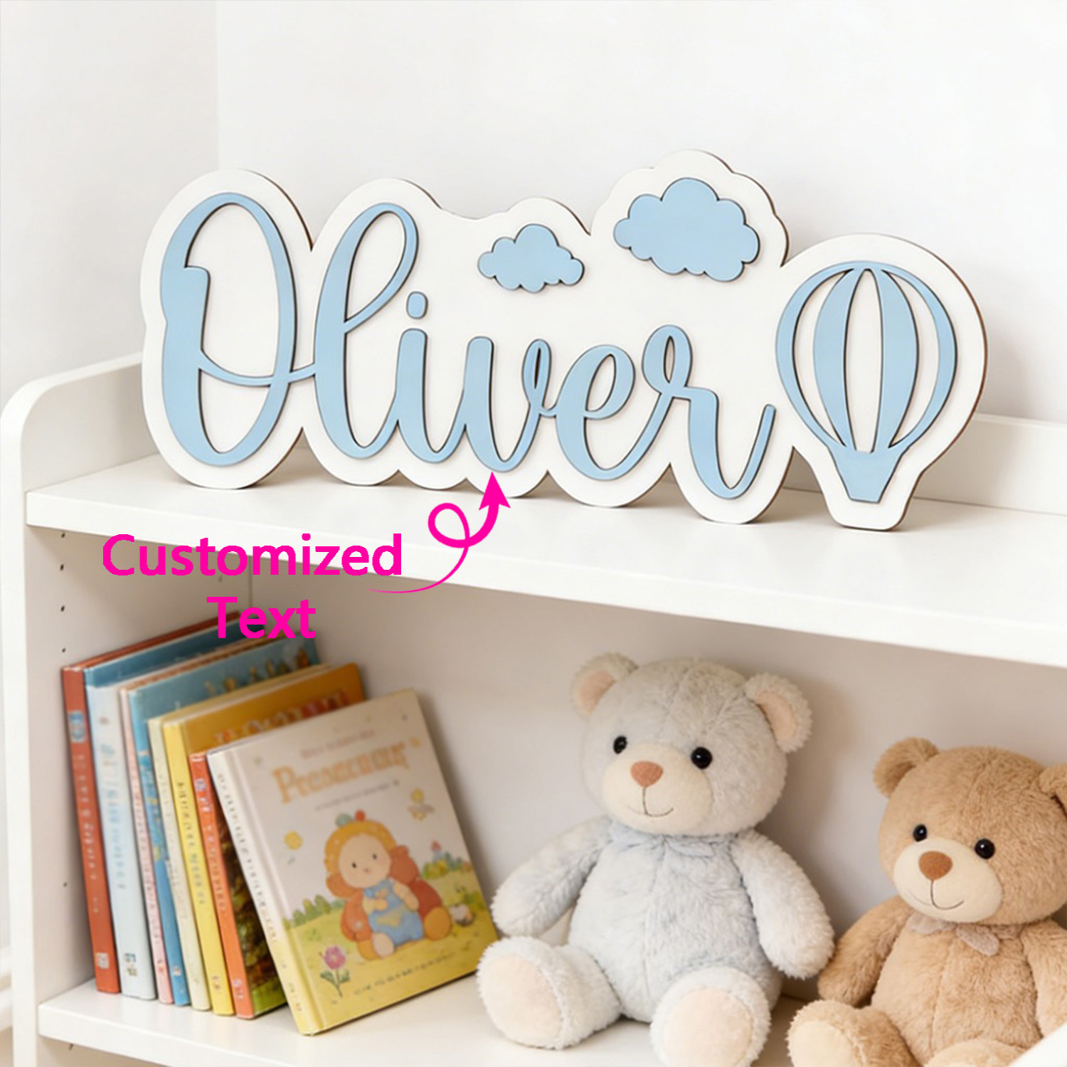 Baby Nursery - ป้ายชื่อห้องรูปบอลลูนลมร้อนและเมฆแบบปรับแต่งได้, ป้ายไม้สีฟ้าพาสเทลที่สามารถปรับแต่งได้, ของตกแต่งห้องนอนเด็ก, ของขวัญแสนหวาน