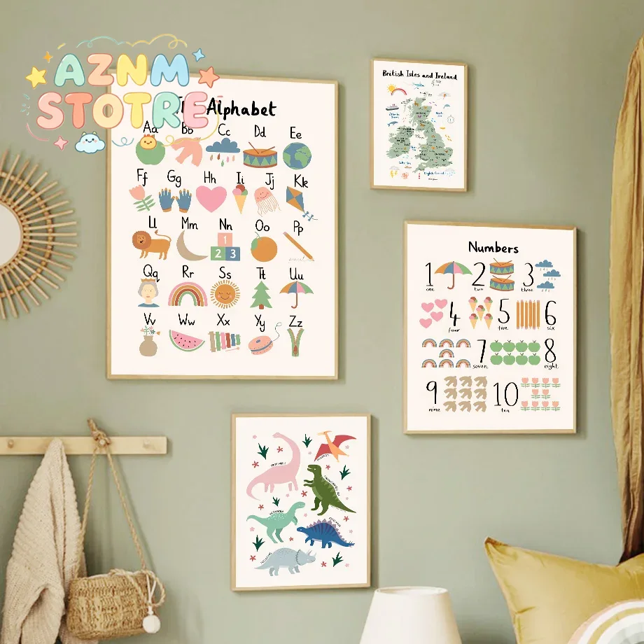 Baby Nursery Animal Prints - แผนที่โลกสัตว์ ไดโนเสาร์ ตัวอักษร ตัวเลข ภาพวาดบนผ้าใบ โปสเตอร์ตกแต่งผนังสำหรับห้องเด็กอ่อน