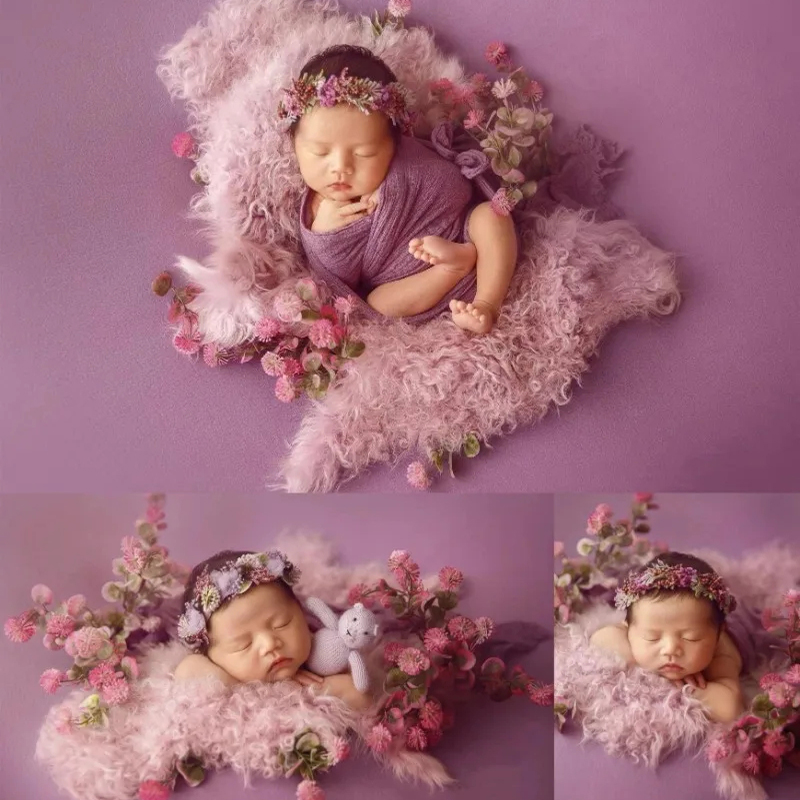 Baby Wrap Stretchy - อุปกรณ์ประกอบฉากถ่ายภาพเด็กแรกเกิดโทนสีม่วง ผ้าห่อตัวเด็กแบบยืดได้ ที่คาดผมดอกไม้สำหรับเด็ก อุปกรณ์เสริมสำหรับถ่ายภาพเด็กในสตูดิโอ