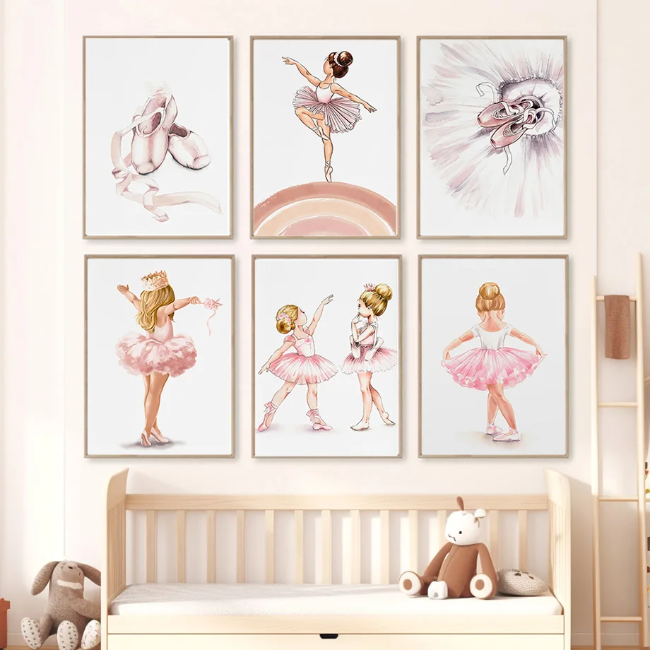 Baby Nursery Picture Frames - ภาพวาดสีน้ำ รองเท้าบัลเลต์เด็กผู้หญิง มงกุฎ สายรุ้ง ความรัก โปสเตอร์ตกแต่งผนังห้องเด็ก