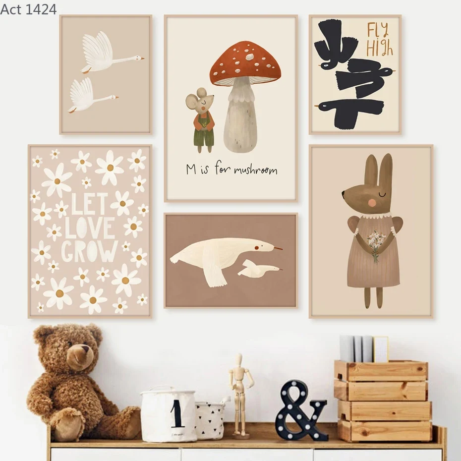 Baby Nursery Picture Frames - โปสเตอร์การ์ตูนโบโฮ กระต่าย หนู ห่าน ภาพวาดบนผ้าแคนวาส ตกแต่งผนังห้องเด็ก