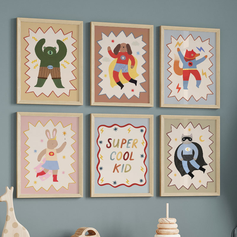 Baby Nursery Animal Prints - ภาพวาดการ์ตูนตลกๆ สุดเท่ห์ สำหรับตกแต่งผนังห้องเด็ก ลายหมี กระต่าย สุนัขจิ้งจอก