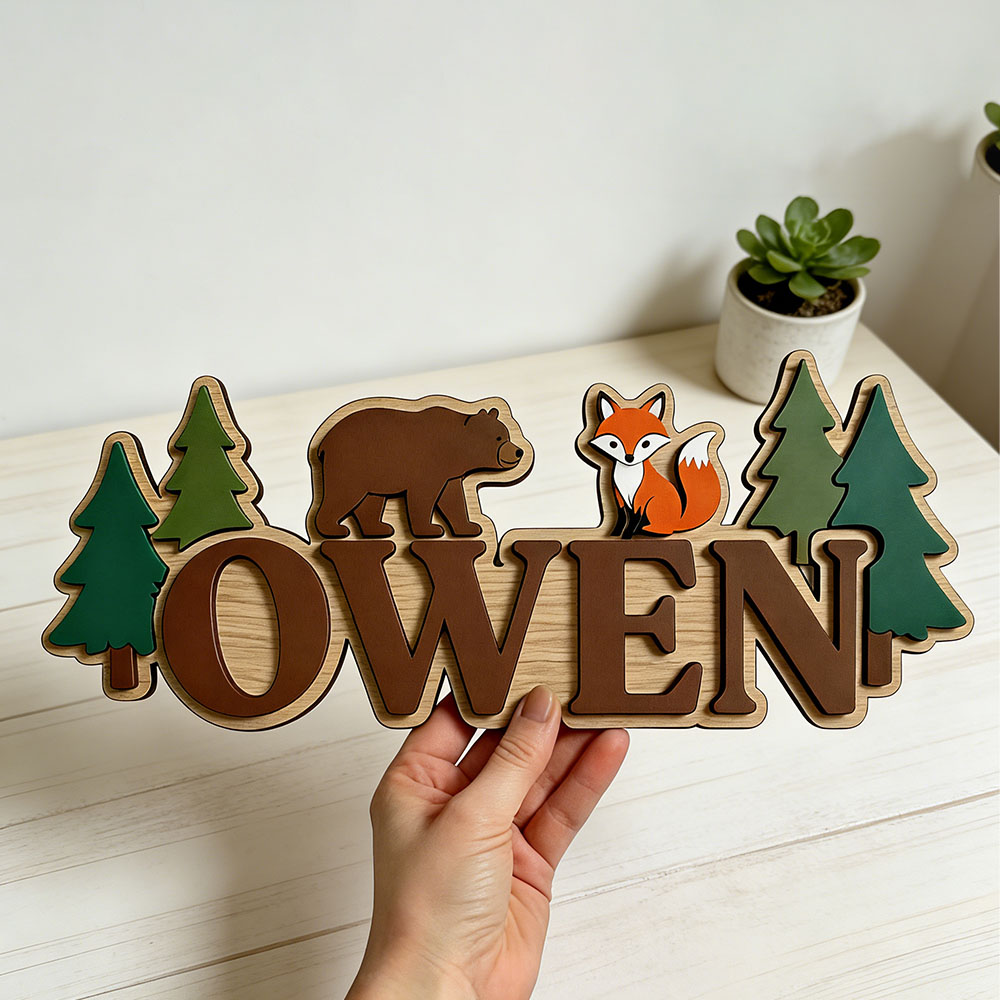 ป้ายชื่อประตูไม้ลายหมีและสุนัข - Baby Nursery Forest Theme บทวิจารณ์และราคา