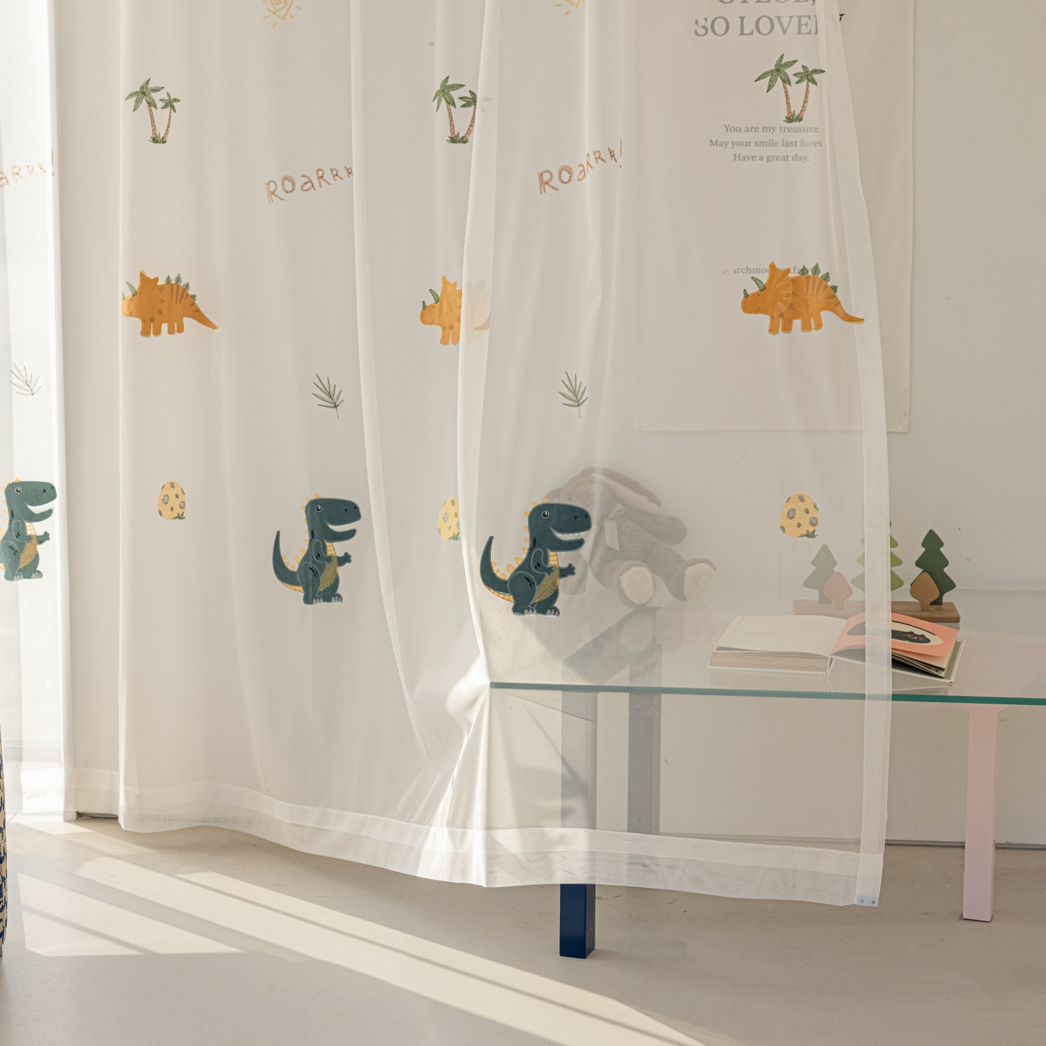 สีฟ้าการ์ตูนไดโนเสาร์เด็กม่านบ - Baby Nursery Embroidery บทวิจารณ์และราคา