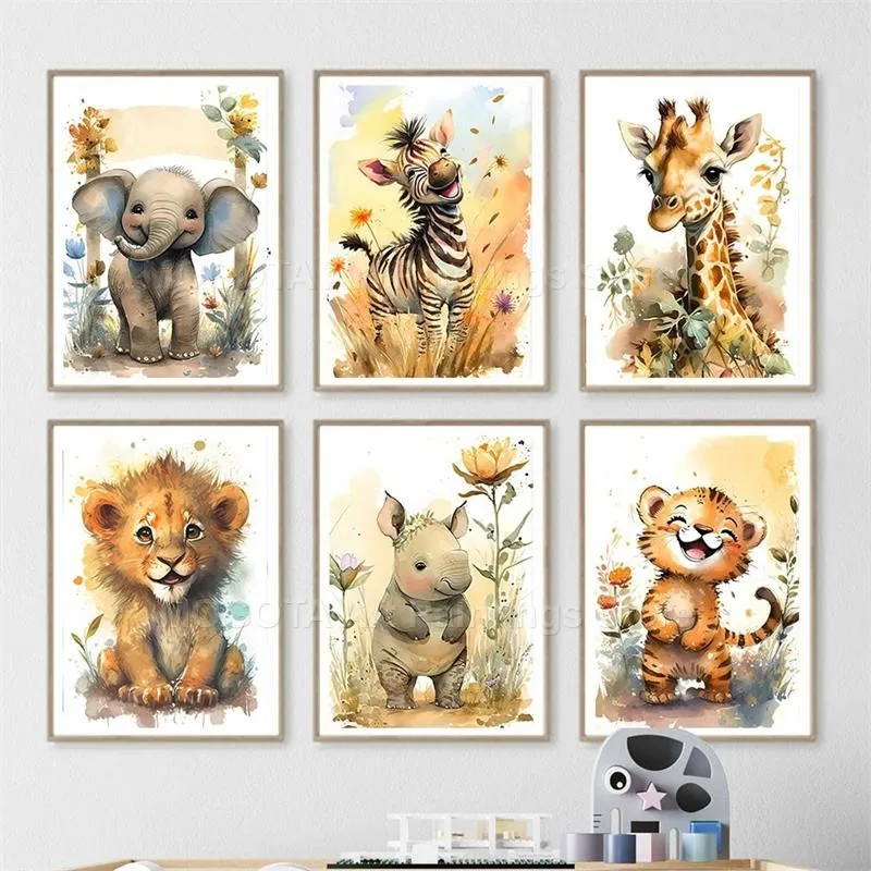 สีน้ำสิงโตยีราฟเสือช้างม้าลายเ - Baby Nursery Animal Prints บทวิจารณ์และราคา