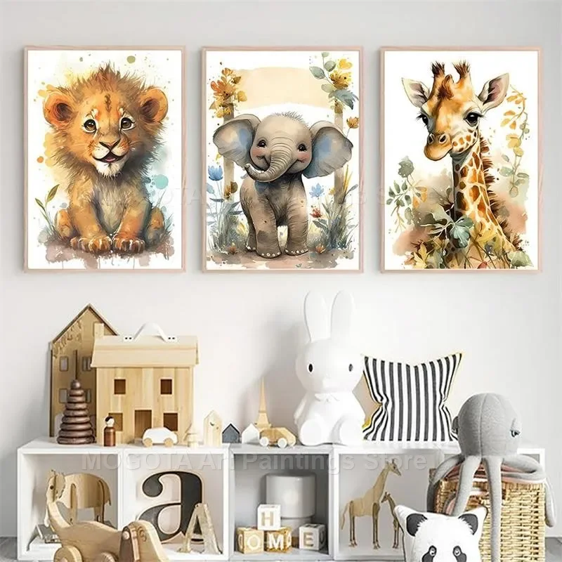 สีน้ำสิงโตยีราฟเสือช้างม้าลายเ - Baby Nursery Animal Prints บทวิจารณ์และราคา