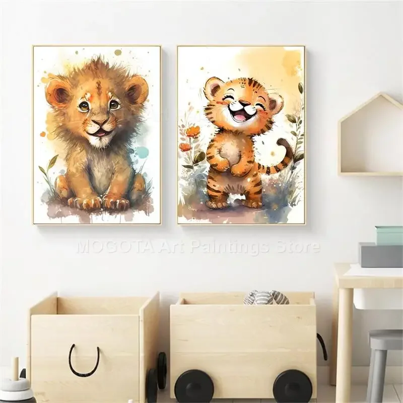 สีน้ำสิงโตยีราฟเสือช้างม้าลายเ - Baby Nursery Animal Prints บทวิจารณ์และราคา